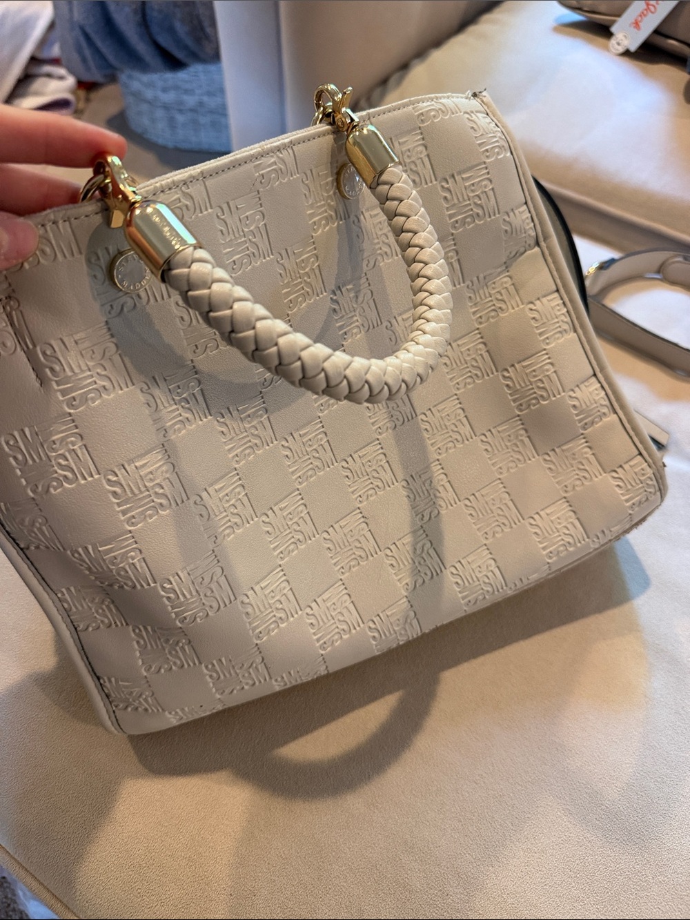 Steve Madden Cream Braided-Handle Satchel with Embossed Logo